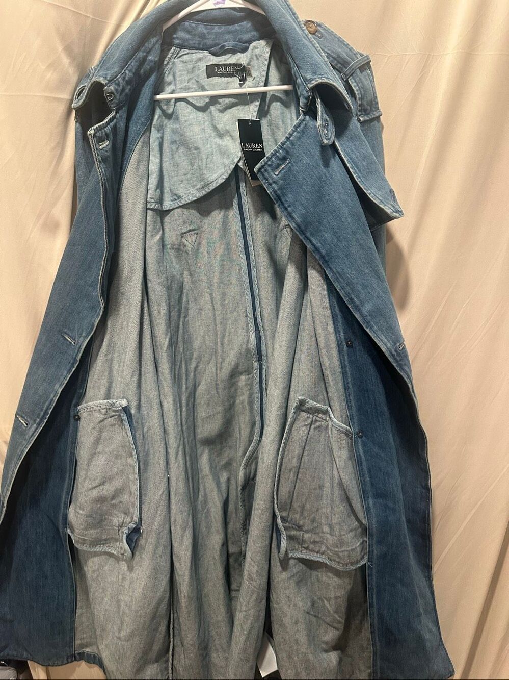 Lauren Ralph Lauren Denim Trench Coat Women Size 16 Blue Belted Chambray Jacket - Picture 11 of 11